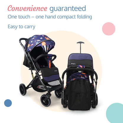 Alpha Baby Stroller / Pram with 5 point Safety Harness, Reversible Handle bar, Looking Window, Multi Level Recline & adjustable footrest, Extendable canopy, For babies 0 - 3 years (Blue)