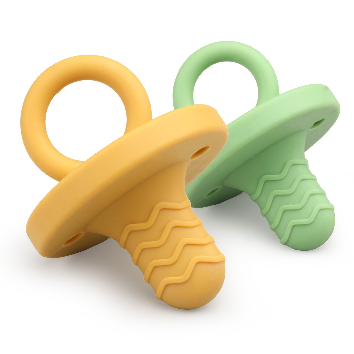 Silicone 2 in 1 Baby Soother Pacifier & Teether, Set of 2, Yellow & Green