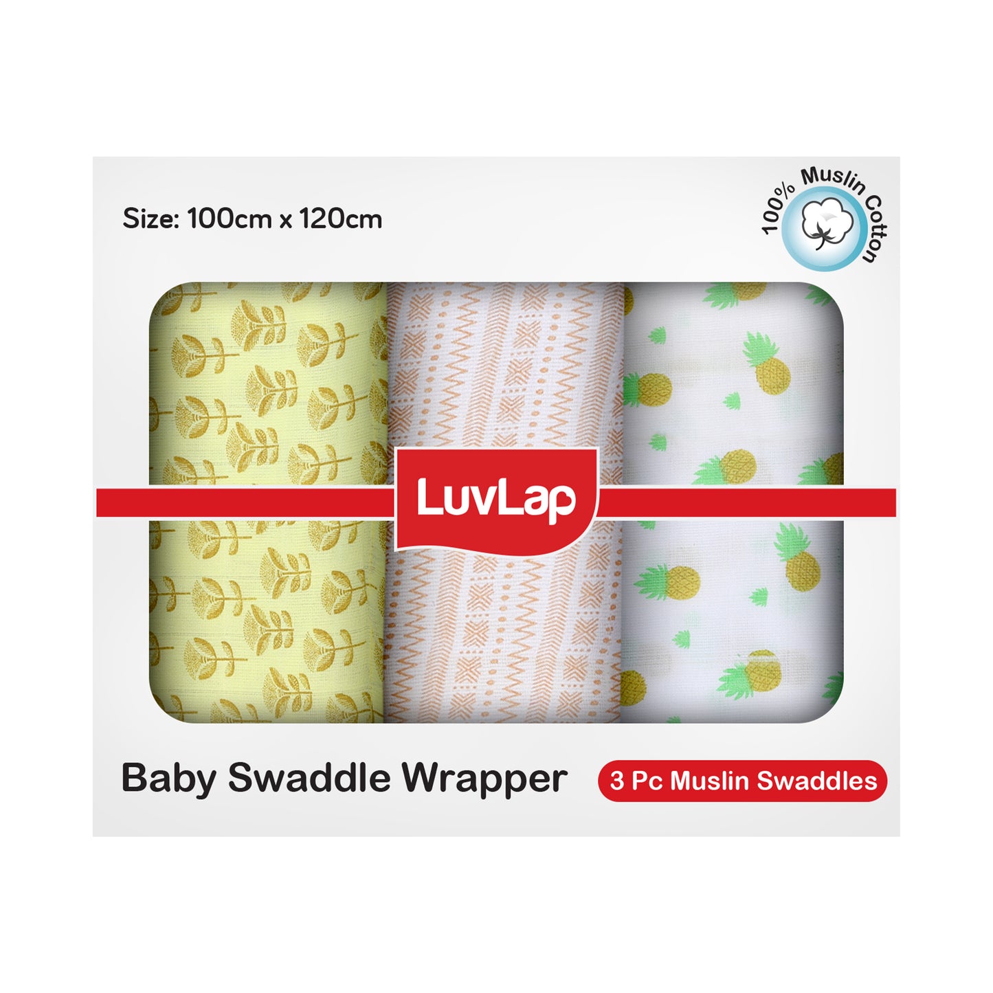 100% Cotton Muslin Baby Swaddles set, Pineapple Leaves Print, 0-18 Month+, Pack of 3