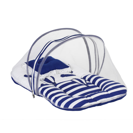 Baby Bed with thick Mattress with Mosquito Net (White & Blue)