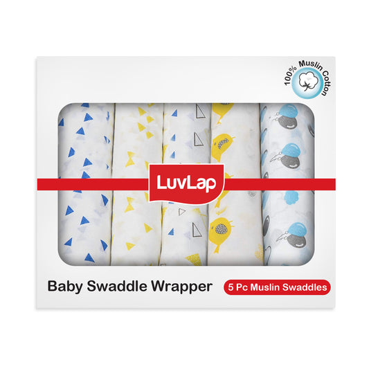 100% Cotton Muslin Baby Swaddles, Triangles Birds & Balloons White Print, Pack of 5