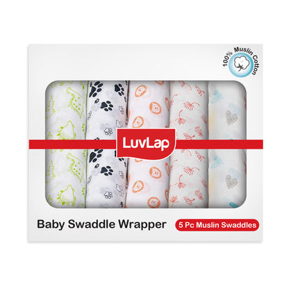 100% Cotton Muslin Baby Swaddles, Animals & Floral White Print, 0-18M+, Pack of 5