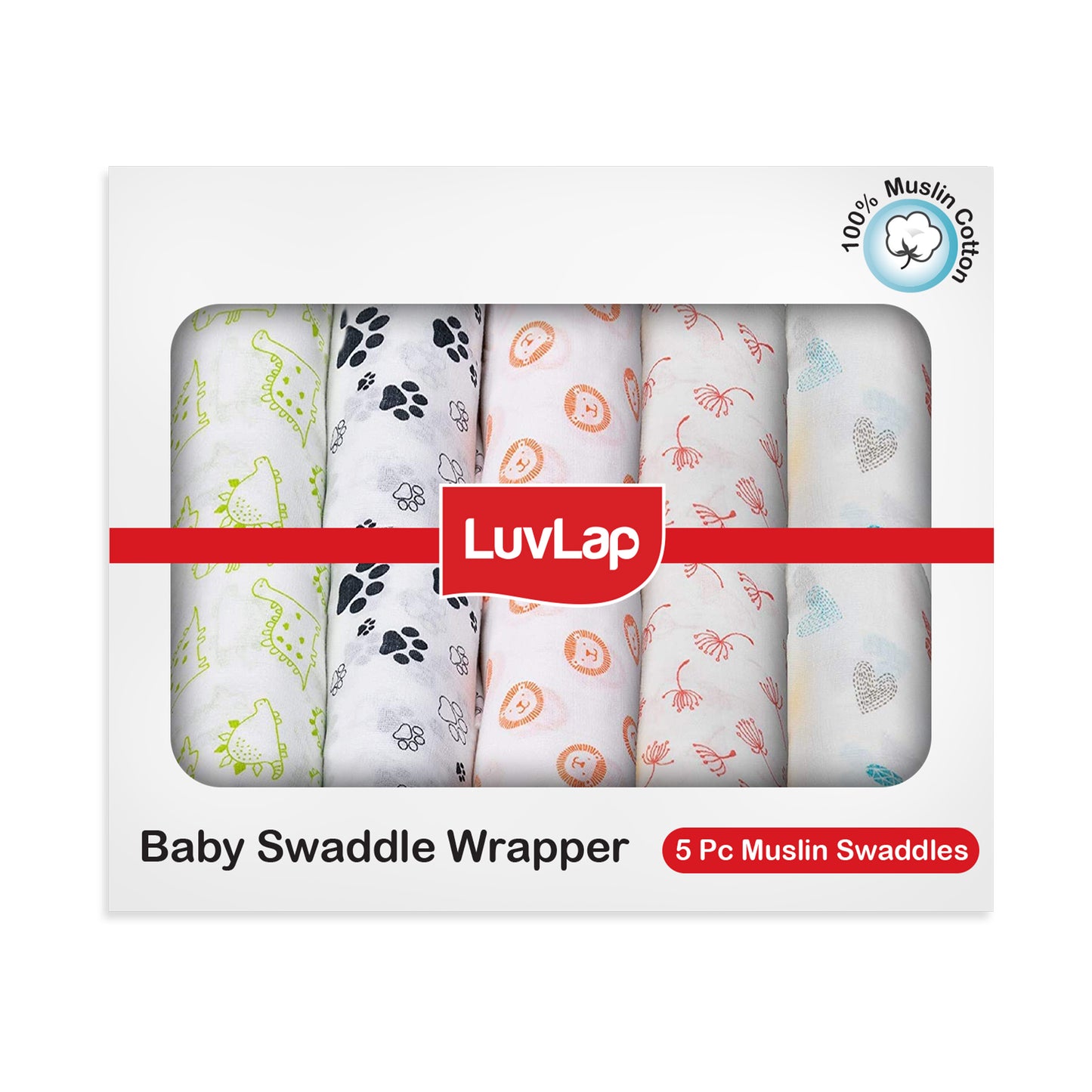 100% Cotton Muslin Baby Swaddles, Animals & Floral White Print, 0-18M+, Pack of 5