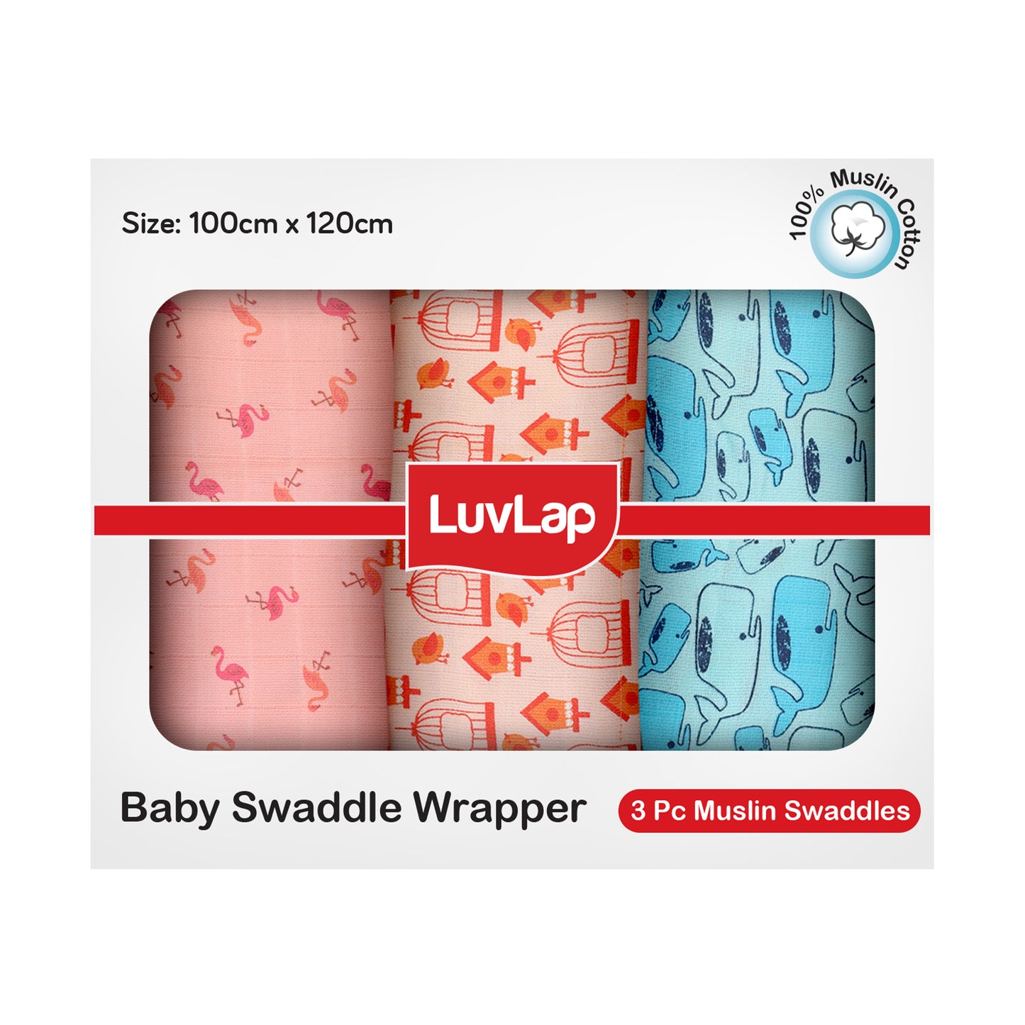 100% Cotton Muslin Baby Swaddles set, Fish Cage Print, 0-18 Month+, Pack of 3