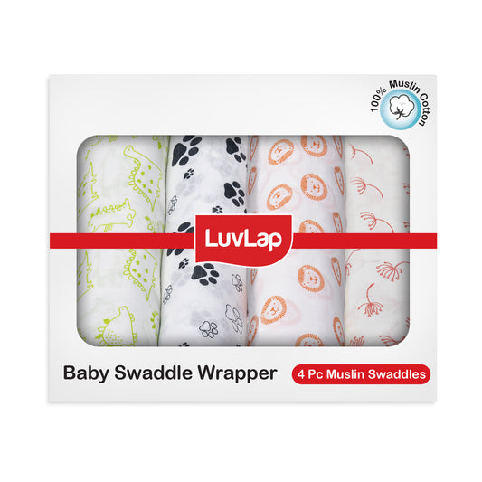 100% Cotton Muslin Baby Swaddles, Animals & Floral White Print, 0-18M+, Pack of 4