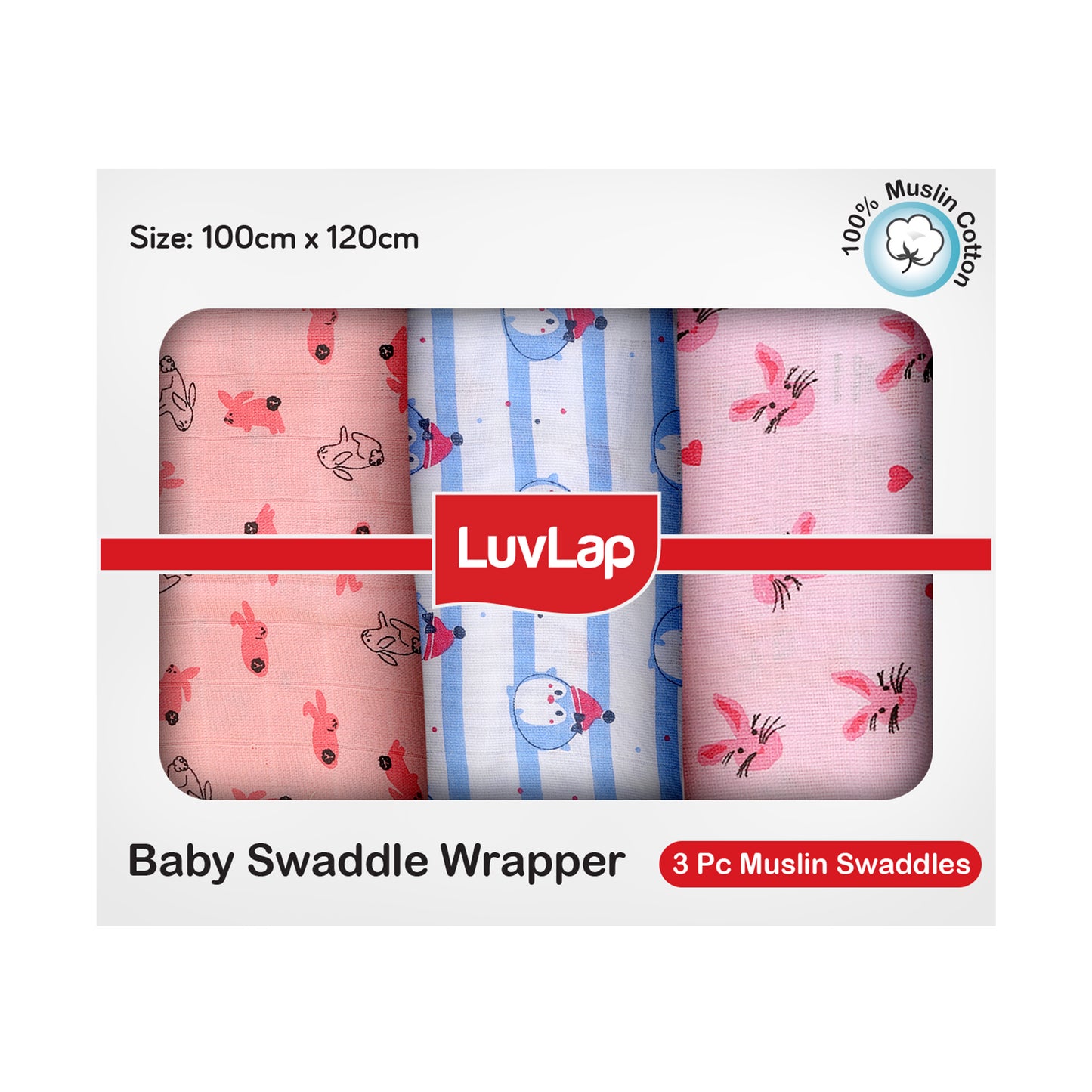 100% Cotton Muslin Baby Swaddles set, Penguin Rabbit Print, 0-18 Month+, Pack of 3