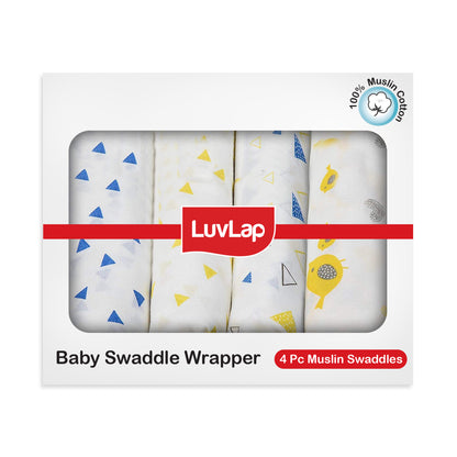 100% Cotton Muslin Baby Swaddles, Triangles & Birds White Print, 0-18M+, Pack of 4