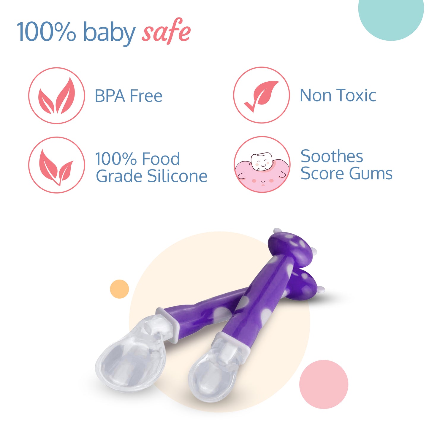 Joy Star Baby Self Feeding Spoon Set, Soft Silicone Tip, BPA Free, 2 pcs, Magenta/White