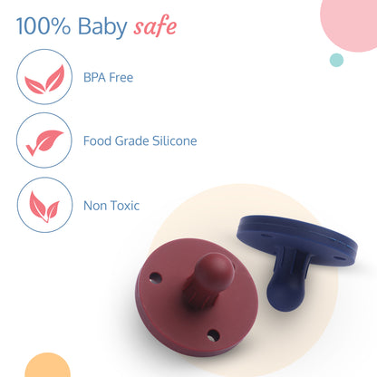 Silicone 2 in 1 Baby Soother Pacifier & Teether, Set of 2, Blue & Maroon