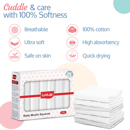 100% Cotton Muslin Baby Swaddles, Plain White, 70cm x 70cm, 0-18M+