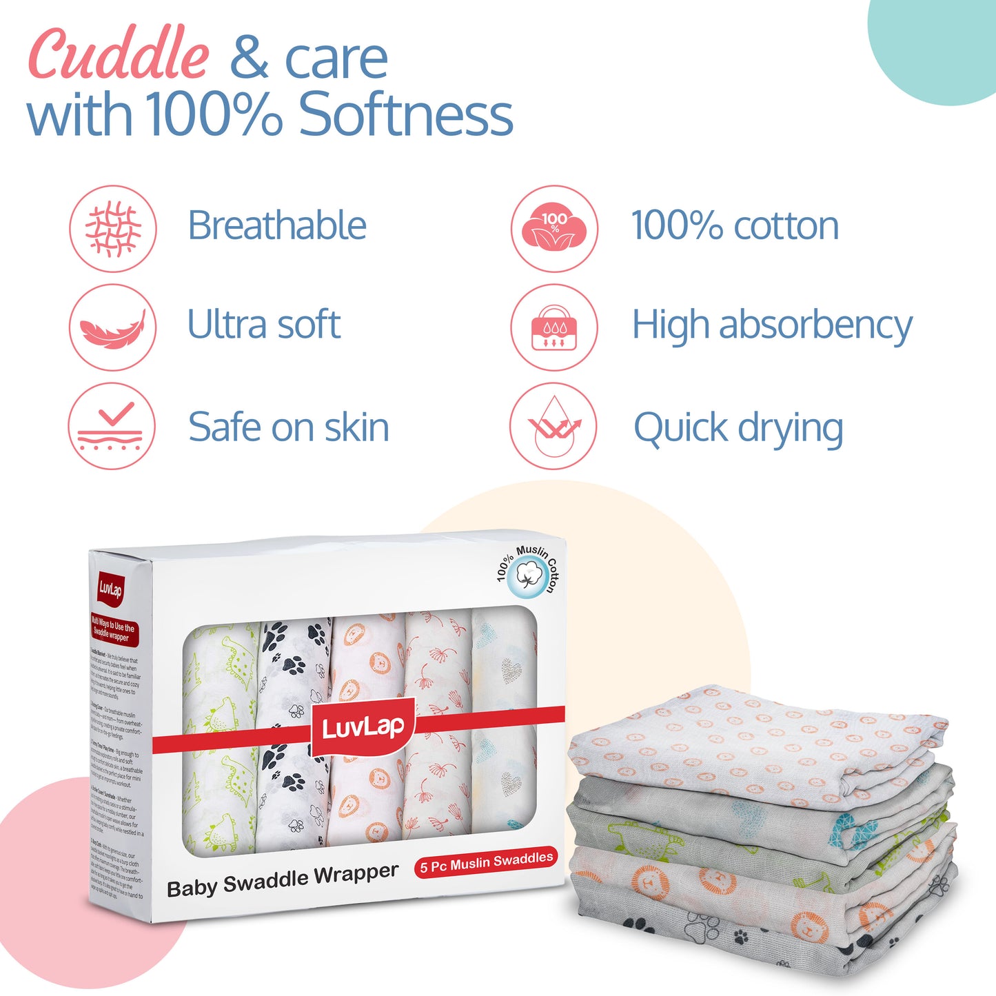 100% Cotton Muslin Baby Swaddles, Animals & Floral White Print, 0-18M+, Pack of 5