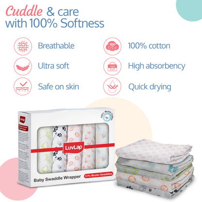 100% Cotton Muslin Baby Swaddles, Animals & Floral White Print, 0-18M+, Pack of 5