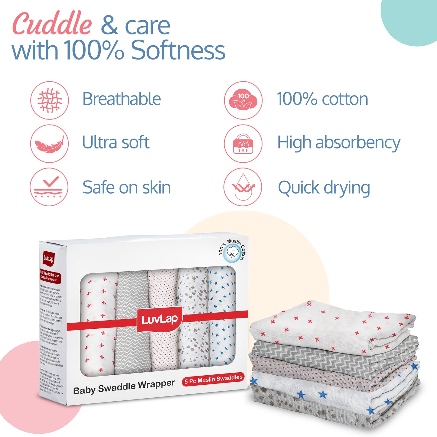 Muslin Swaddles, Dots & Stars Print, Pack Of 5