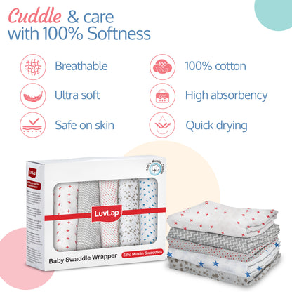 Muslin Swaddles, Dots & Stars Print, Pack Of 5