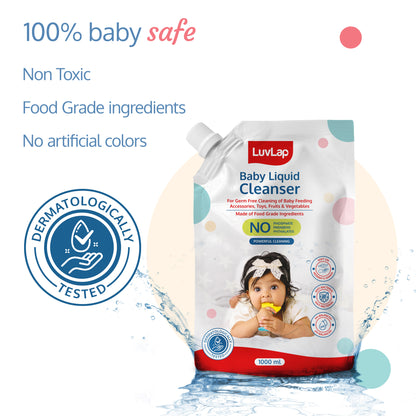 Baby Liquid Cleanser Refill pack- 1000ml, For cleaning feeding bottle, cutlery, toys, fruits & vegetables, Kills 99.9% Germs, pH Balanced Dermatologically tested formula, No harsh chemicals