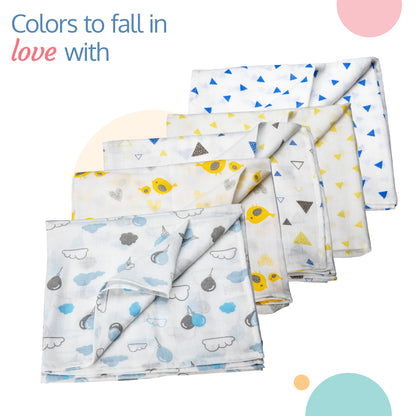 100% Cotton Muslin Baby Swaddles, Triangles Birds & Balloons White Print, Pack of 5