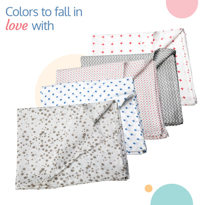 Muslin Swaddles, Dots & Stars Print, Pack Of 5