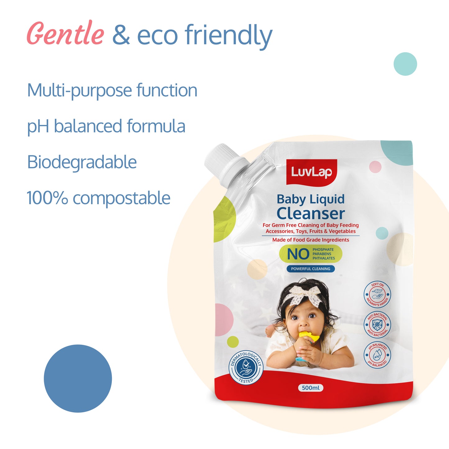 Baby Liquid Cleanser Refill pack- 500ml, For cleaning feeding bottle, cutlery, toys, fruits & vegetables, Kills 99.9% Germs, pH Balanced Dermatologically tested formula, No harsh chemicals