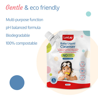 Baby Liquid Cleanser Refill pack- 500ml, For cleaning feeding bottle, cutlery, toys, fruits & vegetables, Kills 99.9% Germs, pH Balanced Dermatologically tested formula, No harsh chemicals