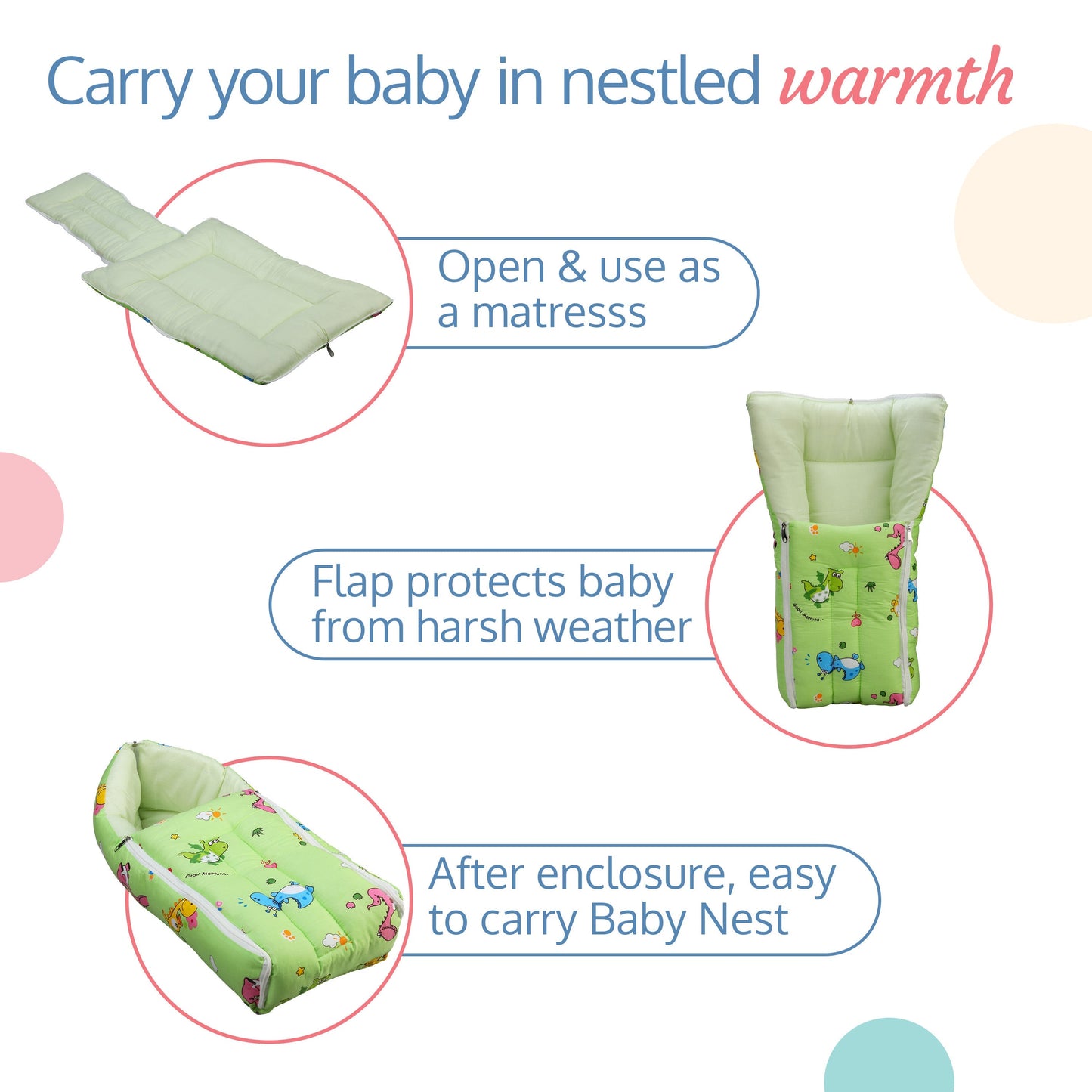 3 in 1 Baby Sleeping Bag and Carry Nest (Dino Print, Light Green)