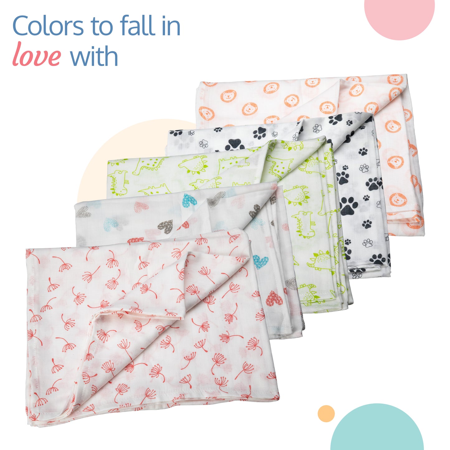 100% Cotton Muslin Baby Swaddles, Animals & Floral White Print, 0-18M+, Pack of 5
