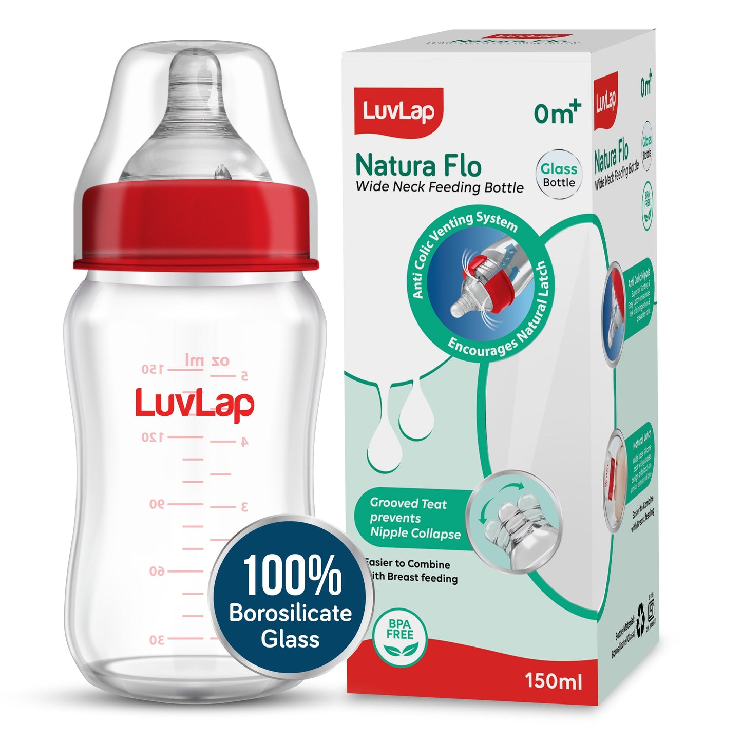 Natura Flo Wide Neck Glass Feeding Bottle, 150Ml