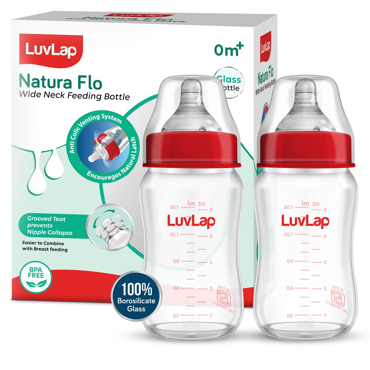 Natura Flo Wide Neck Glass Feeding Bottle, Pack of 2, 150ml