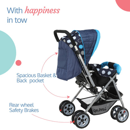 Sunshine Baby Stroller / Pram for 0 to 3 Years, New Born / Toddler / Kid, 5 Point Safety Harness, Adjustable backrest, 360° Swivel Wheel, Large storage basket, Reversible Handlebar (Blue)