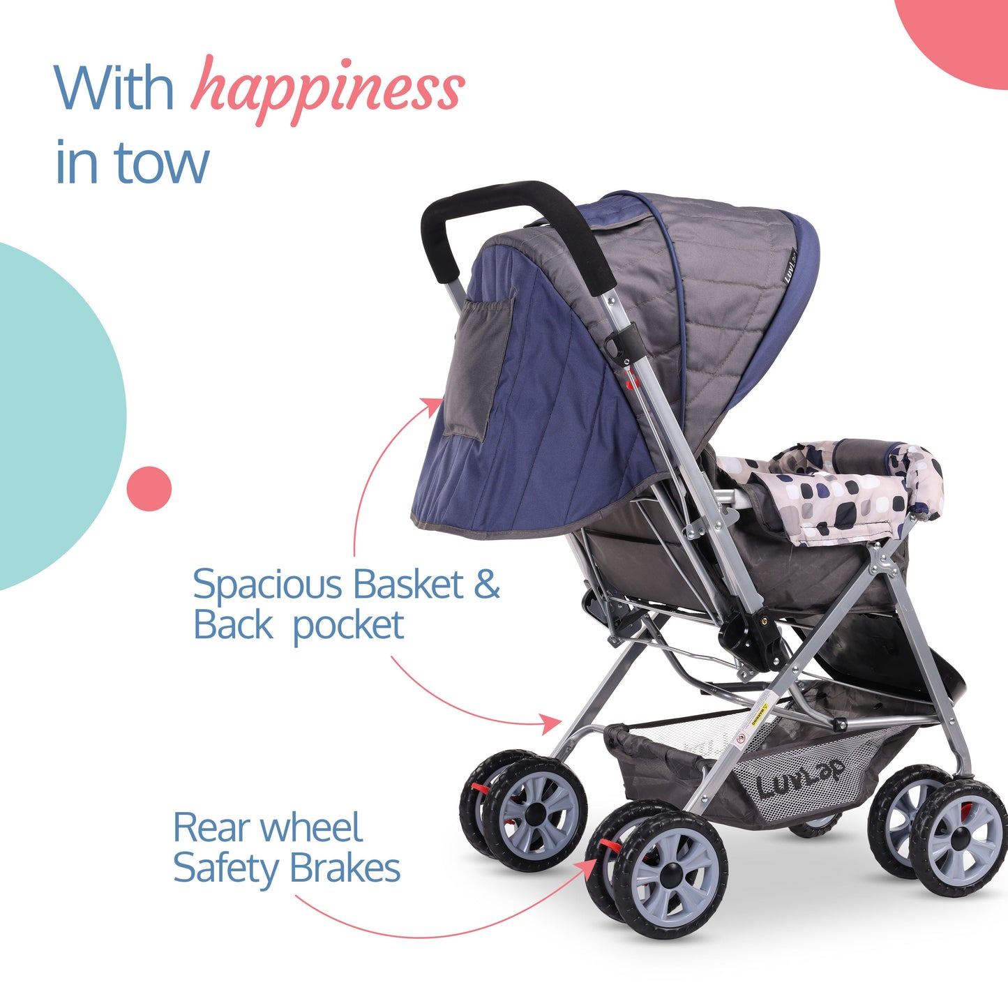 Sunshine Baby Stroller / Pram for 0 to 3 Years, New Born /Toddler / Kid, 5 Point Safety Harness, Adjustable backrest, 360° Swivel Wheel, Large storage basket, Reversible Handlebar(Navy Blue)