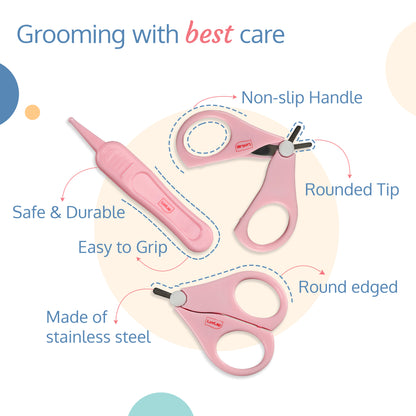 Baby Grooming Scissors & Nail Clipper Set/Kit, Manicure Set, 4pcs, Pink, 0m+