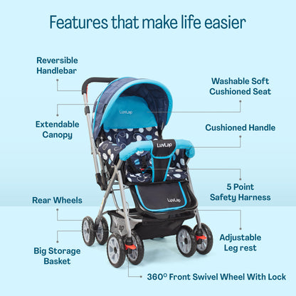 Sunshine Baby Stroller/Pram for 0 to 3 Years, New Born/Toddler/Kid, 5 Point Safety Harness, Adjustable backrest, 360° Swivel Wheel, Large Storage Basket, Reversible Handlebar (Blue)