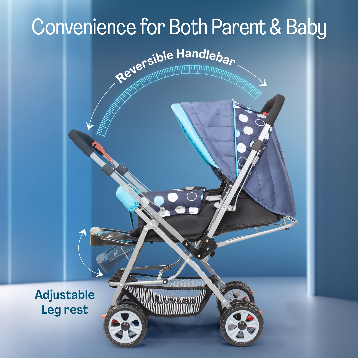Sunshine Baby Stroller/Pram for 0 to 3 Years, New Born/Toddler/Kid, 5 Point Safety Harness, Adjustable backrest, 360° Swivel Wheel, Large Storage Basket, Reversible Handlebar (Blue)