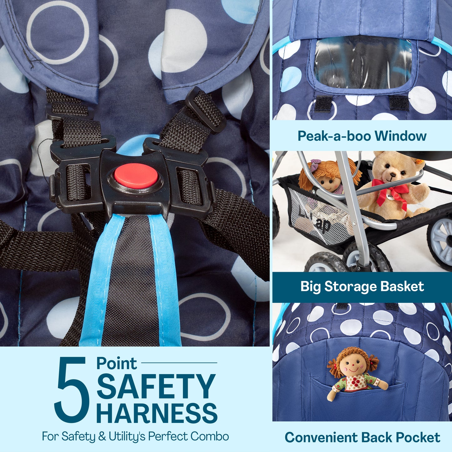 Sunshine Baby Stroller/Pram for 0 to 3 Years, New Born/Toddler/Kid, 5 Point Safety Harness, Adjustable backrest, 360° Swivel Wheel, Large Storage Basket, Reversible Handlebar (Blue)