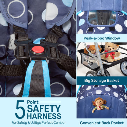 Sunshine Baby Stroller/Pram for 0 to 3 Years, New Born/Toddler/Kid, 5 Point Safety Harness, Adjustable backrest, 360° Swivel Wheel, Large Storage Basket, Reversible Handlebar (Blue)
