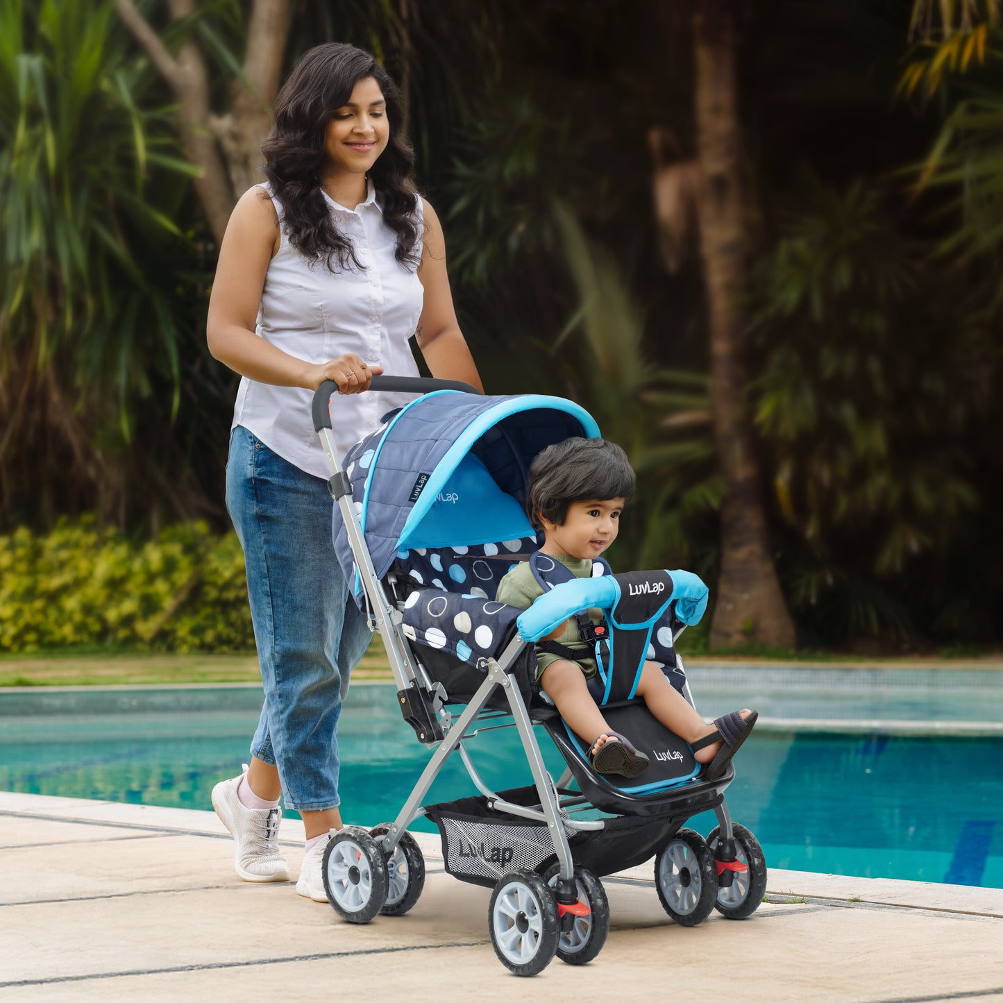Sunshine Baby Stroller/Pram for 0 to 3 Years, New Born/Toddler/Kid, 5 Point Safety Harness, Adjustable backrest, 360° Swivel Wheel, Large Storage Basket, Reversible Handlebar (Blue)