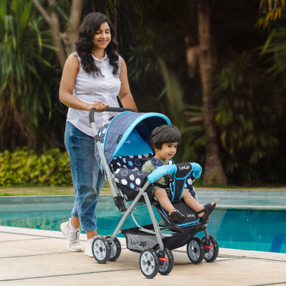 Sunshine Baby Stroller/Pram for 0 to 3 Years, New Born/Toddler/Kid, 5 Point Safety Harness, Adjustable backrest, 360° Swivel Wheel, Large Storage Basket, Reversible Handlebar (Blue)