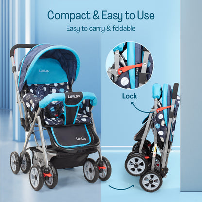 Sunshine Baby Stroller/Pram for 0 to 3 Years, New Born/Toddler/Kid, 5 Point Safety Harness, Adjustable backrest, 360° Swivel Wheel, Large Storage Basket, Reversible Handlebar (Blue)