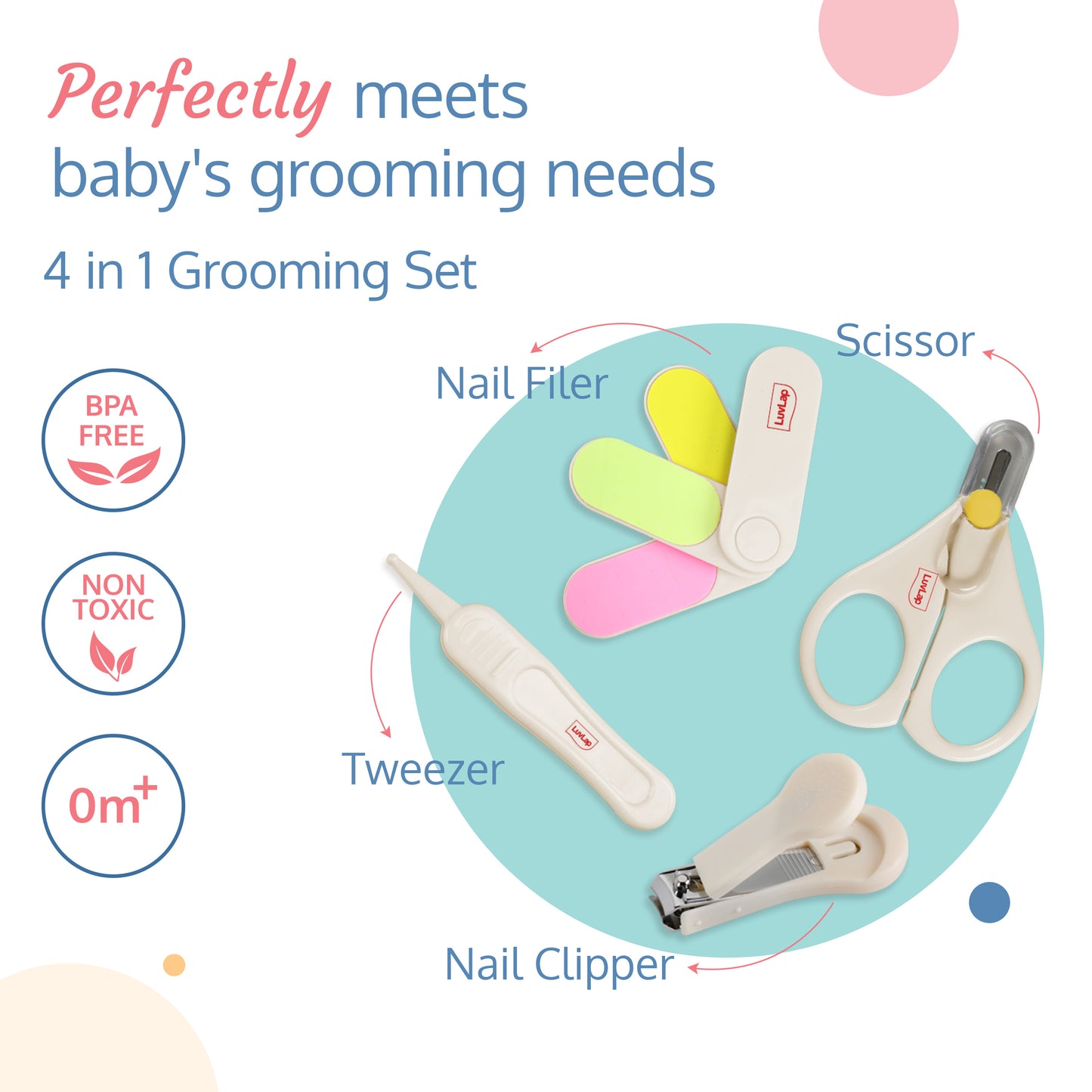 Baby Grooming Scissors & Nail Clipper Set/Kit, Manicure Set, 4pcs, White, 0 M+