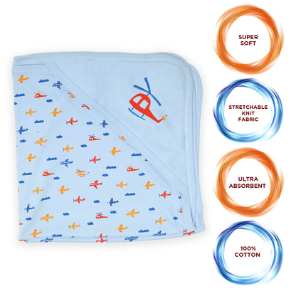 Cotton Hooded Wrapper Aeroplane Print (Sky Blue)