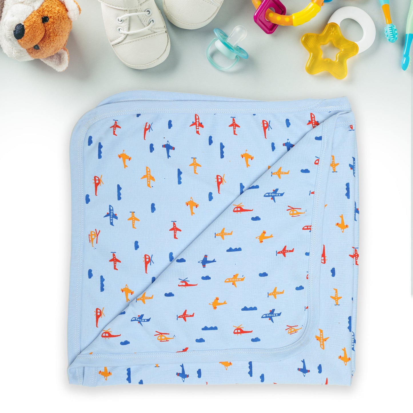 Cotton Hooded Wrapper Aeroplane Print (Sky Blue)