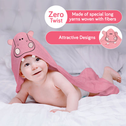 Hooded Baby Bath Towel (Pink Hippo)