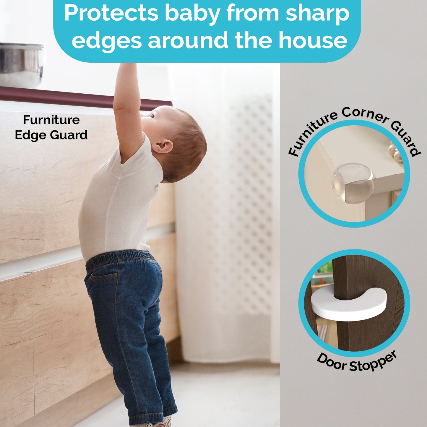 Baby Safety Combo Pack - 2 Metre Edge Protector 4 Door Stoppers 6 Corner Guards 4 Cabinet Locks 4 Safety Locks 10 Socket Covers