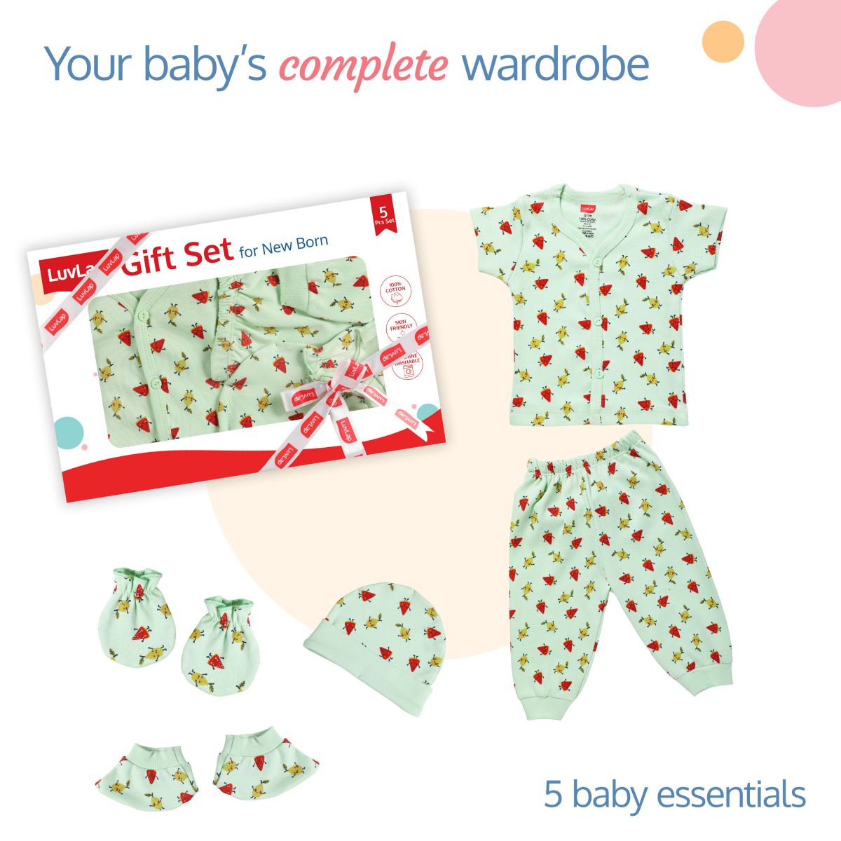 New-born Baby Gift Set of 5,  Sea Green Fruits Print