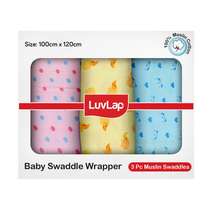 100% Cotton Muslin Baby Swaddles set, Dots Hearts Print, 0-18 Month+, Pack of 3