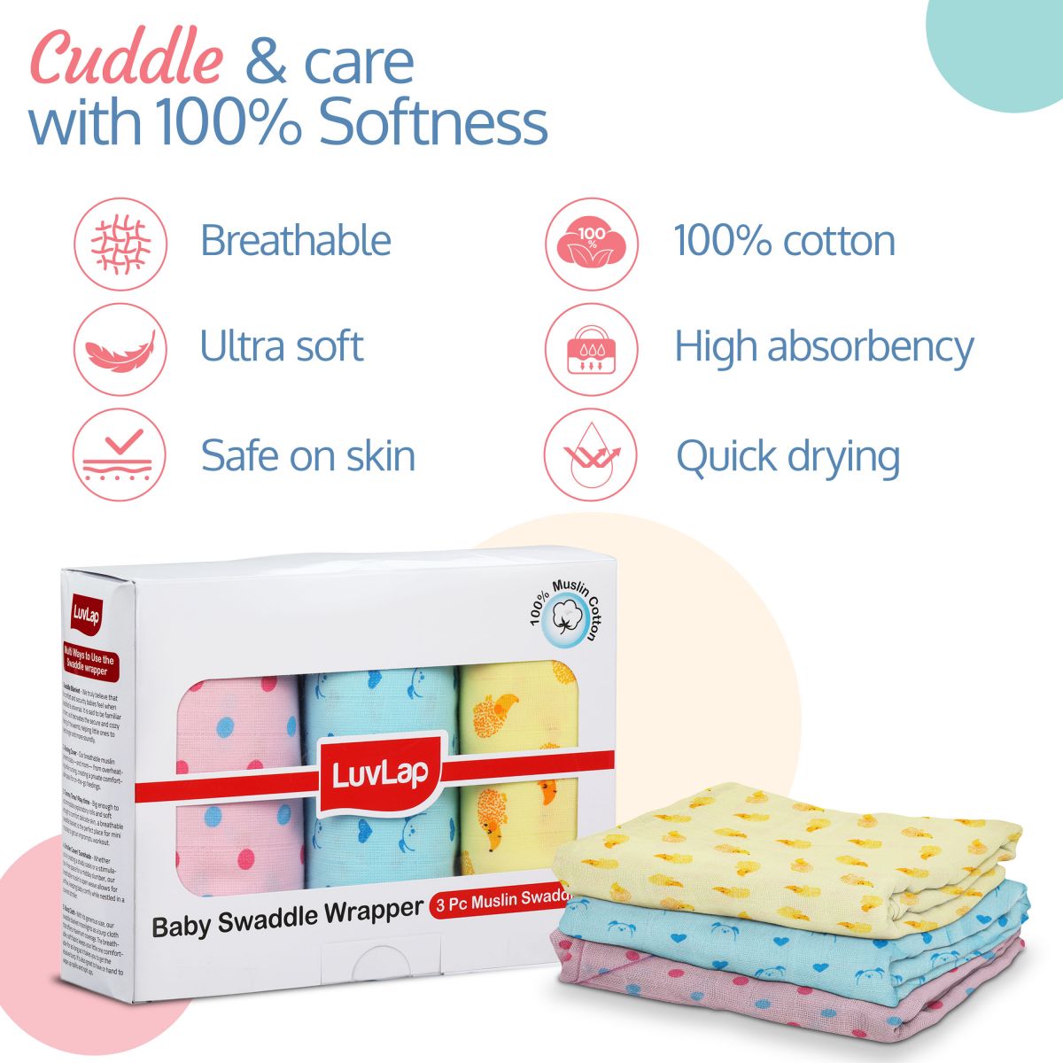 100% Cotton Muslin Baby Swaddles set, Dots Hearts Print, 0-18 Month+, Pack of 3