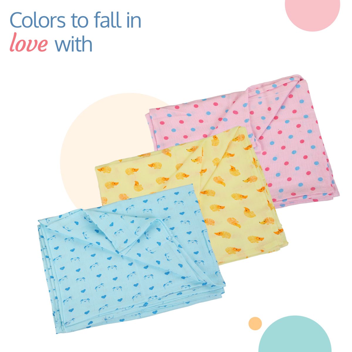 100% Cotton Muslin Baby Swaddles set, Dots Hearts Print, 0-18 Month+, Pack of 3