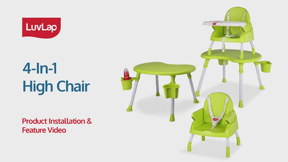 4 in 1 Convertible Baby High Chair with Printed Cushion, 3 Point Safety Belts, High Chair, Low Chair, Booster Chair and Table for Baby, Removable & Washable Food Tray 6 Months+, Green