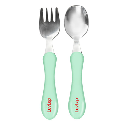 Premium Stainless Steel Baby Spoon & Fork Set for Baby Feeding, Stainless Steel Spoon and Fork Set, Food Grade PP Spoon, BPA Free Feeding Spoon for Kids of 12+ Months (Light Green)